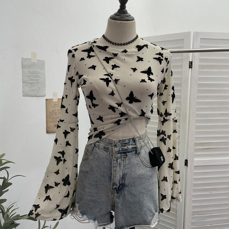 Sexy Butterfly Flocking Shiny Mesh Long Sleeve T shirt Large Bell Sleeve Short Slim Top