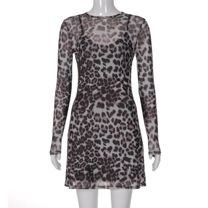 Women Autumn Personality Leopard Print Printed Mesh See through Dress