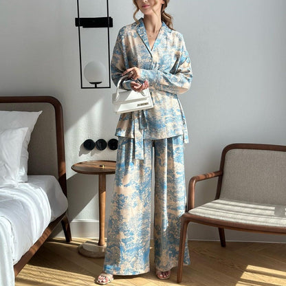 French Print Long Sleeve Lace up Shirt High Waist Wide Leg Pants Women Sets
