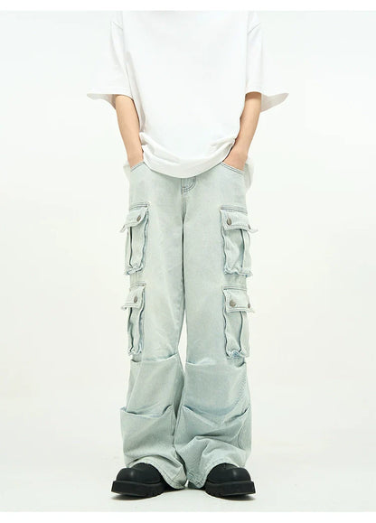 Light Wash Baggy Cargo Jeans with Multiple Flap Pockets