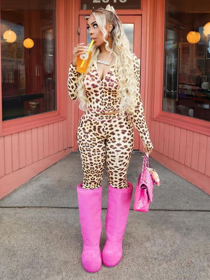 Women Clothing Arrival Girls Leopard Print Long Sleeve Hoodie Two Piece Sets