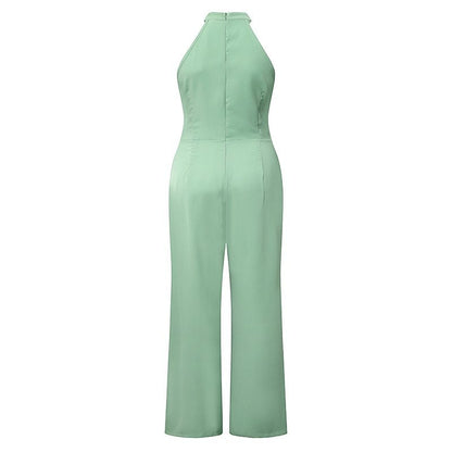 Solid Color Sleeveless Halter High Waist Lace up Straight Casual Jumpsuit Summer