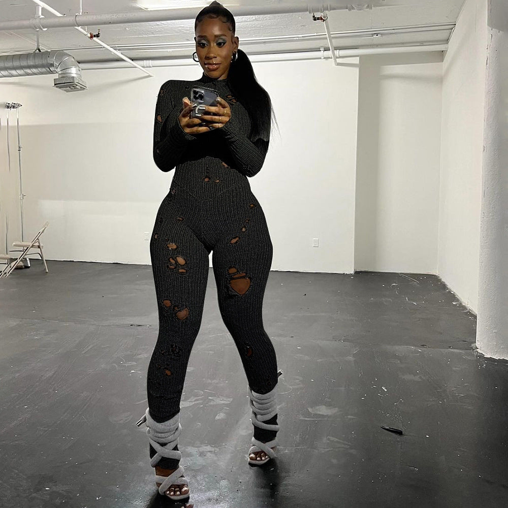 Women Clothing Autumn Winter Holes Long Sleeve Back Strap Woolen Long Conjoined Trousers