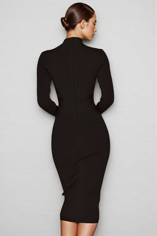 Elira Solid Colour Stand Collar Midi Dress-Black