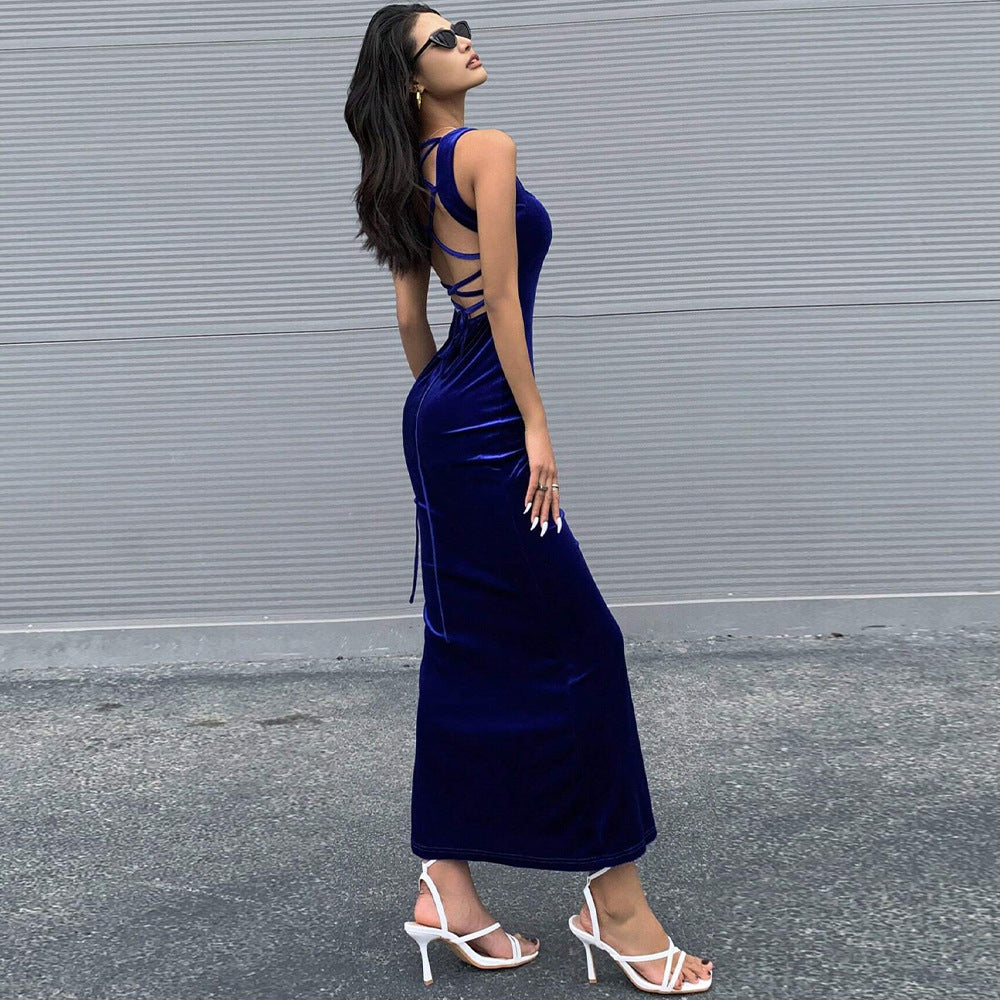 Women Clothing Autumn Winter Waisted Slim Fit Package Hip Sexy Backless Fishtail Dress Party Dress