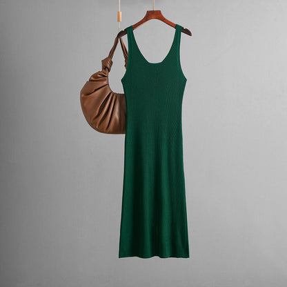 Sexy Knitted Sling Dress Summer Solid Color Back Slit Sheath Maxi Dress