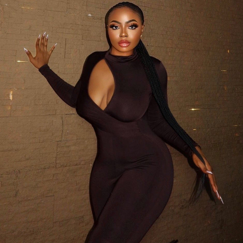 Elegant Women Wear Tight Fitting Solid Color Micro Elastic Jumpsuit Long Sleeved Trousers Hollow Out Cutout Mid Waist Thin Jumpsuit