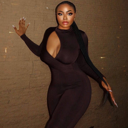 Elegant Women Wear Tight Fitting Solid Color Micro Elastic Jumpsuit Long Sleeved Trousers Hollow Out Cutout Mid Waist Thin Jumpsuit