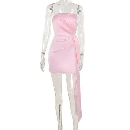 Autumn Socialite Elegant Sexy Slim Satin Ribbon Tube Top Dress Women