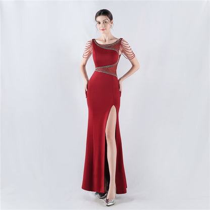 Dress Heavy Embroidery Drilling Give Sheer Mesh High Fork Satin Evening Dress Annual Meeting Wedding