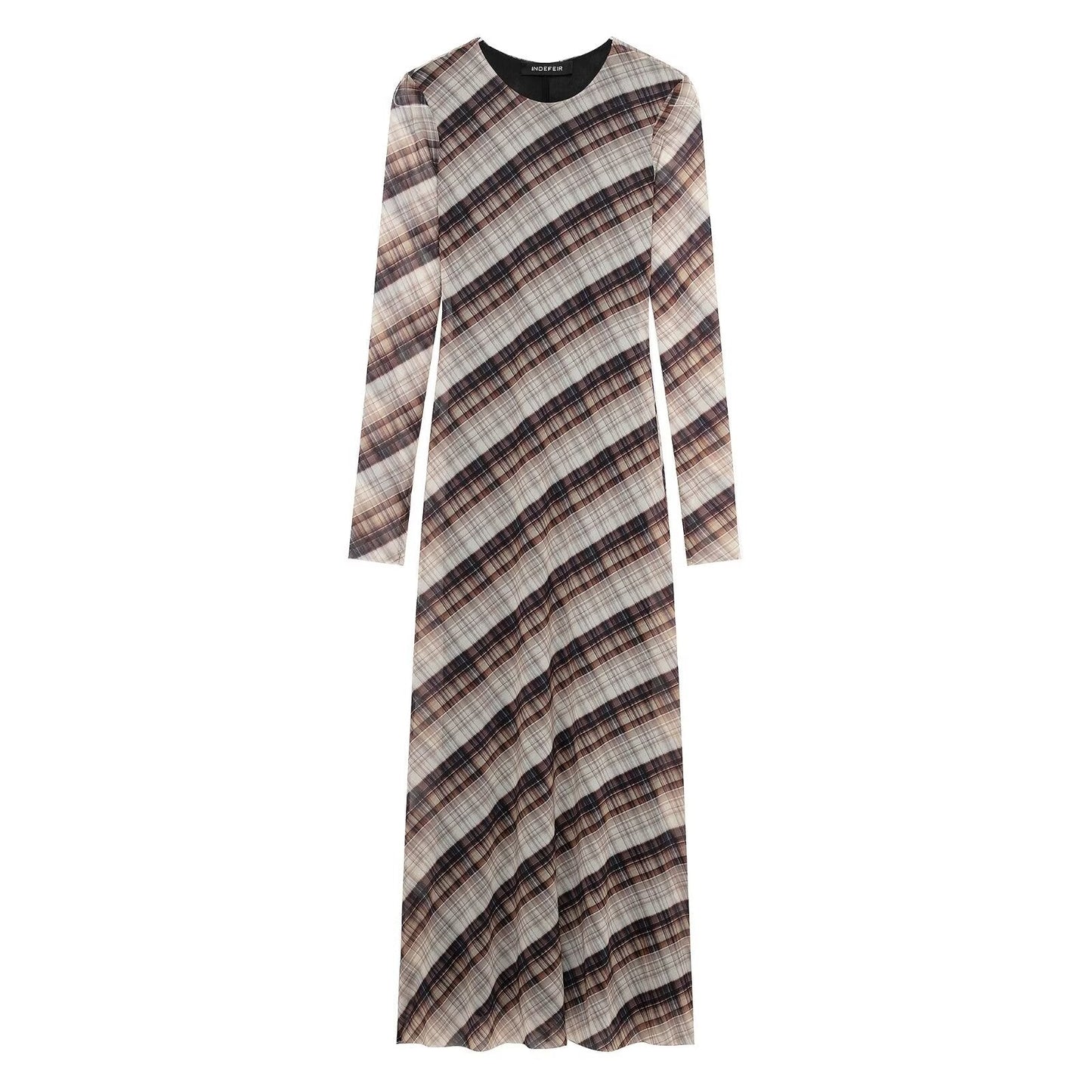 Women Clothing round Neck Loose Casual Plaid Silk Net Long Sleeve Dress
