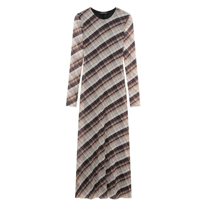 Women Clothing round Neck Loose Casual Plaid Silk Net Long Sleeve Dress