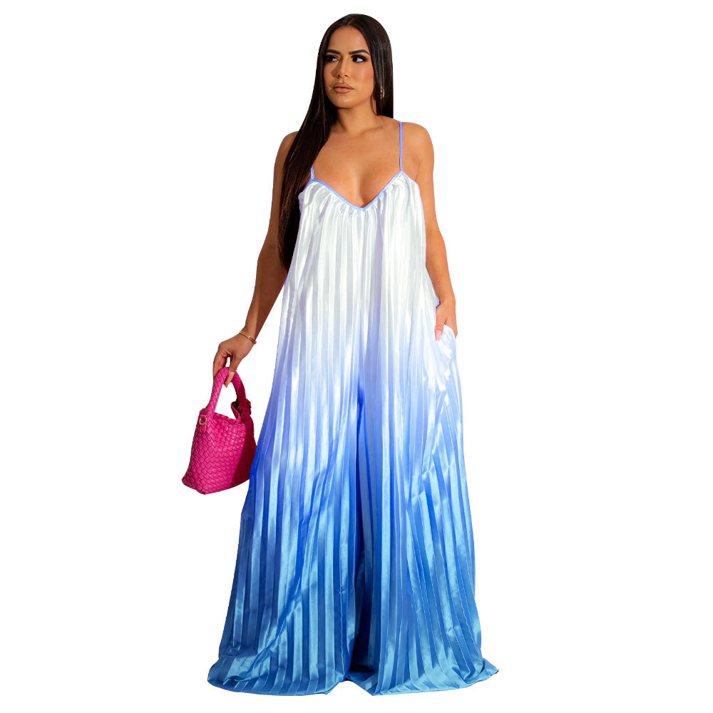 Women Clothing Sexy Deep V Plunge Sling Backless Wide Leg Pants Gradient Jumpsuit