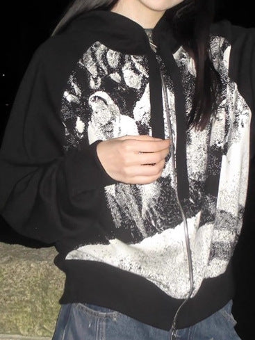 Black White Retro Zip Up Loose Hoodie