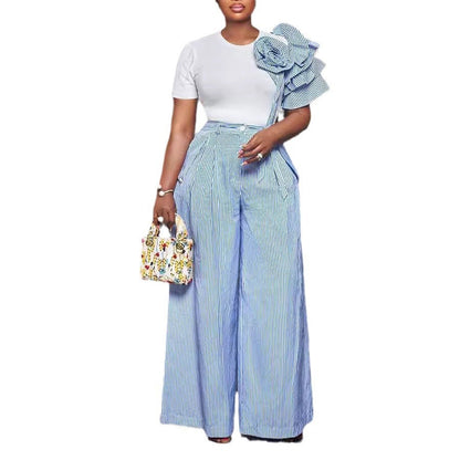 Round Neck Short Sleeve Striped Contrast Color Wide Leg Pants Two Piece Sets