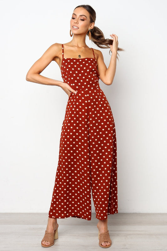 Women Clothing Polka Dot Brace Sleeveless Lace up Casual Wide Leg Loose Vest Jumpsuit Trousers