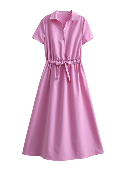 Women Clothing Collared Back Hollow-out Cropped Shirt Dress