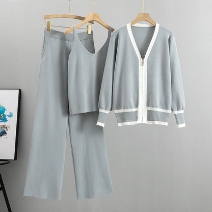 Spring Autumn Women Clothing Suit Tide Knitted Cardigan Sling Wide Leg Pants Three Piece Suit Suit