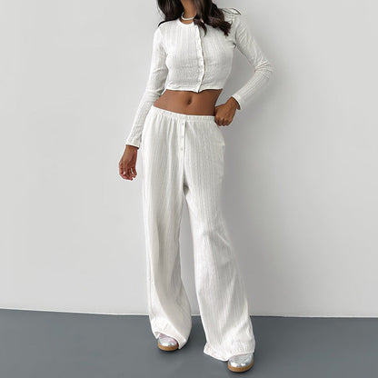 Casual Knitted Basic Breasted Long Sleeve Top Elastic Trousers Two Piece Pajamas Homewear