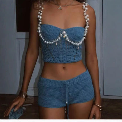 Spring Summer Sexy Solid Color Crop Top Spaghetti Strap Beaded Top Short Sets