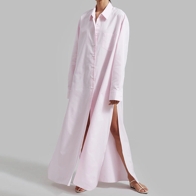 Fall Casual Collared Side Slit Simple All Match Long Sleeves Long Shirt for Women