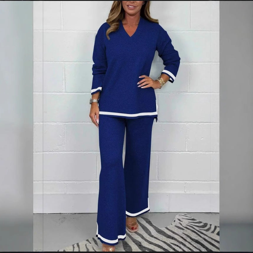 New Autumn Winter Casual Solid Color Knitted Long Sleeve Trousers Sets