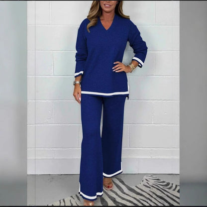 New Autumn Winter Casual Solid Color Knitted Long Sleeve Trousers Sets