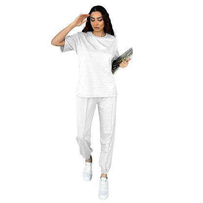 Summer Solid Color round Neck Short Sleeves Pullover Women Casual Ankle Banded Pants