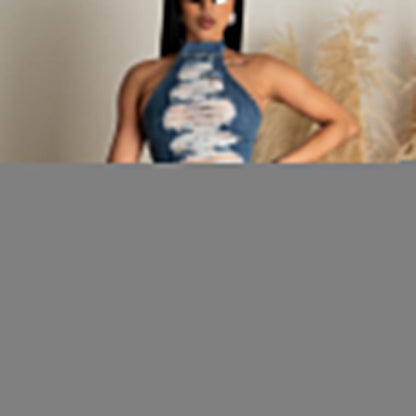 Women Clothing Spring Denim Halter Tassel Beggar Dress Sexy Jumpsuit