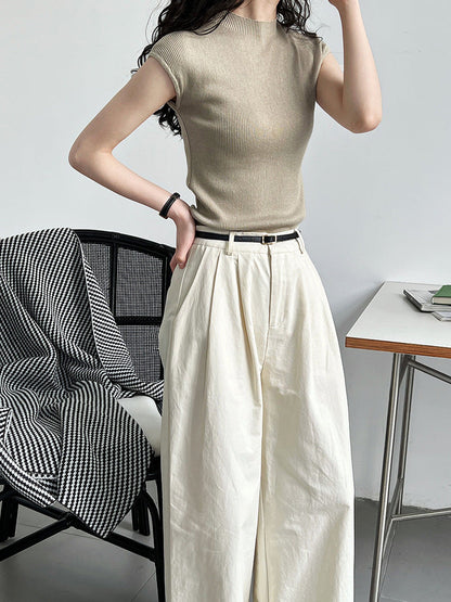 Spring Summer Slim Fit Cashmere Knitwear Top Simple Drop Shoulder Soft Glutinous Short Sleeve Bottoming Shirt Women