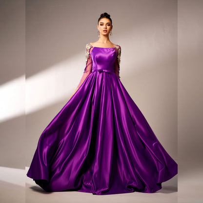 Premium Long Sleeve Square Neck Cocktail Applique Waist Controlled Large Hem Evening Dress Bridesmaid Dress Women