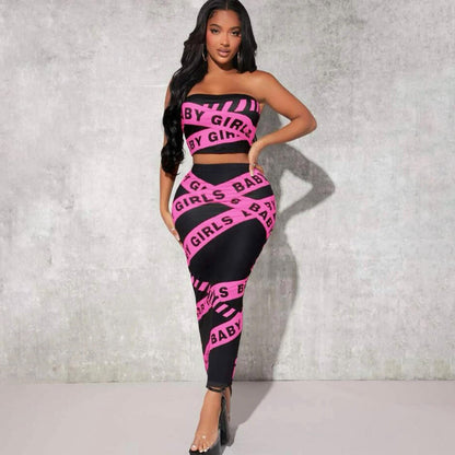 Spring Summer Sleeveless Letter Graphic Print Tube Top Long Skirt Women Set