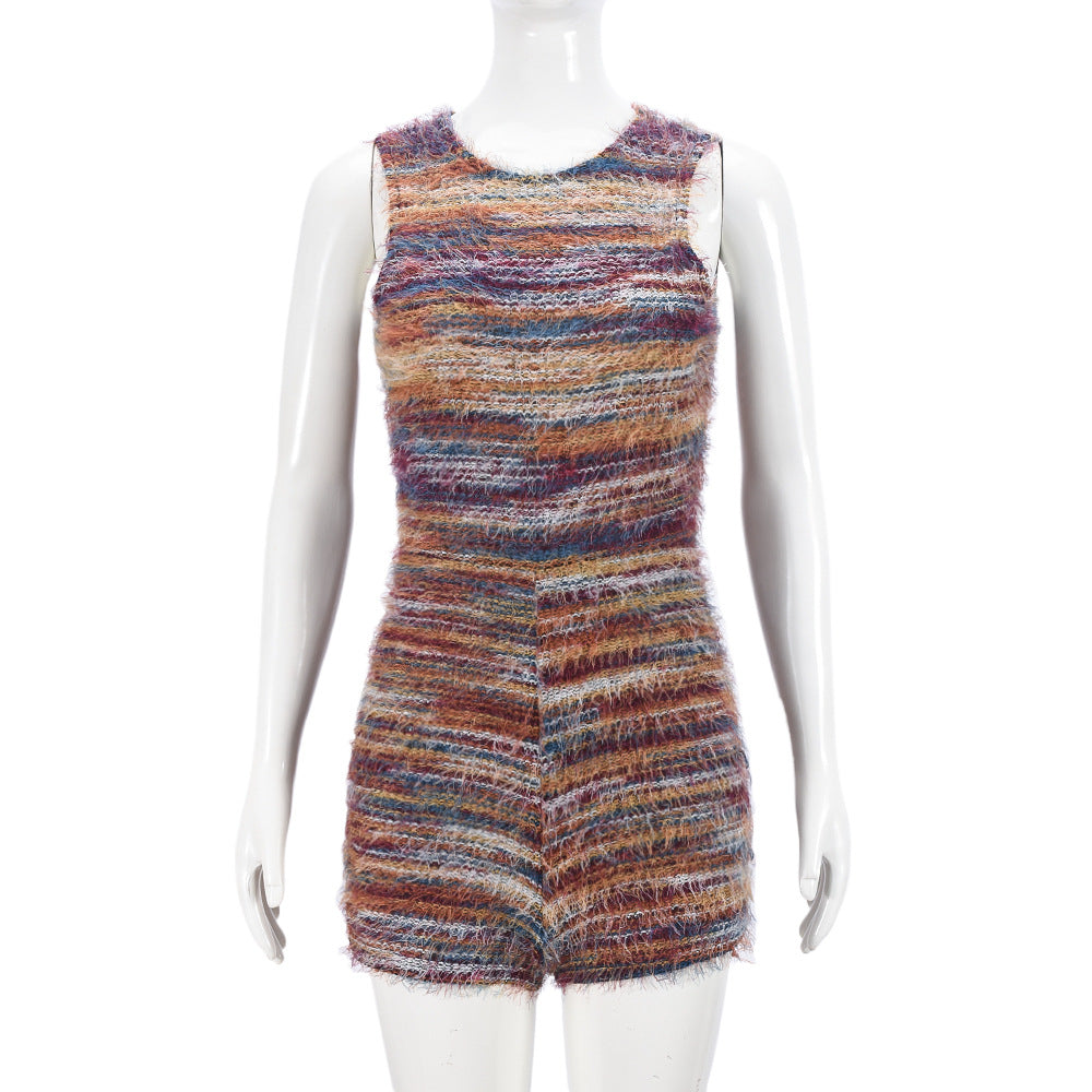 Women Clothing Sleeveless Tight Sexy Color Block Hollow Out Cutout Yarn Dyed Fluff Jumpsuit