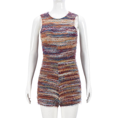 Women Clothing Sleeveless Tight Sexy Color Block Hollow Out Cutout Yarn Dyed Fluff Jumpsuit