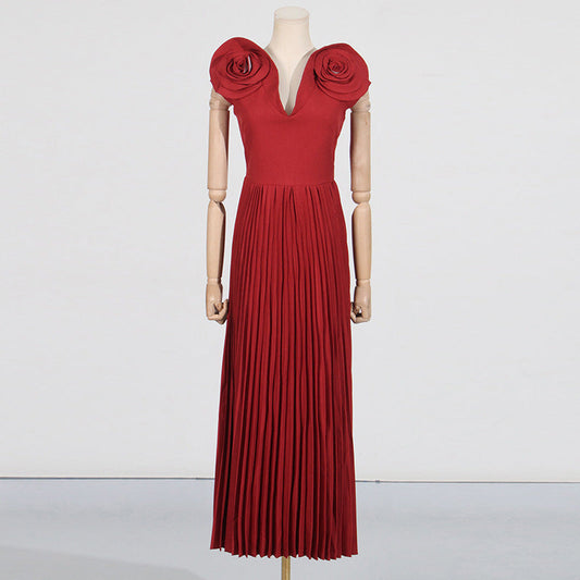 Socialite Large Floral Formal Dress 2025 Early Spring Sexy V neck High Waist Pleated Maxi Dress Women