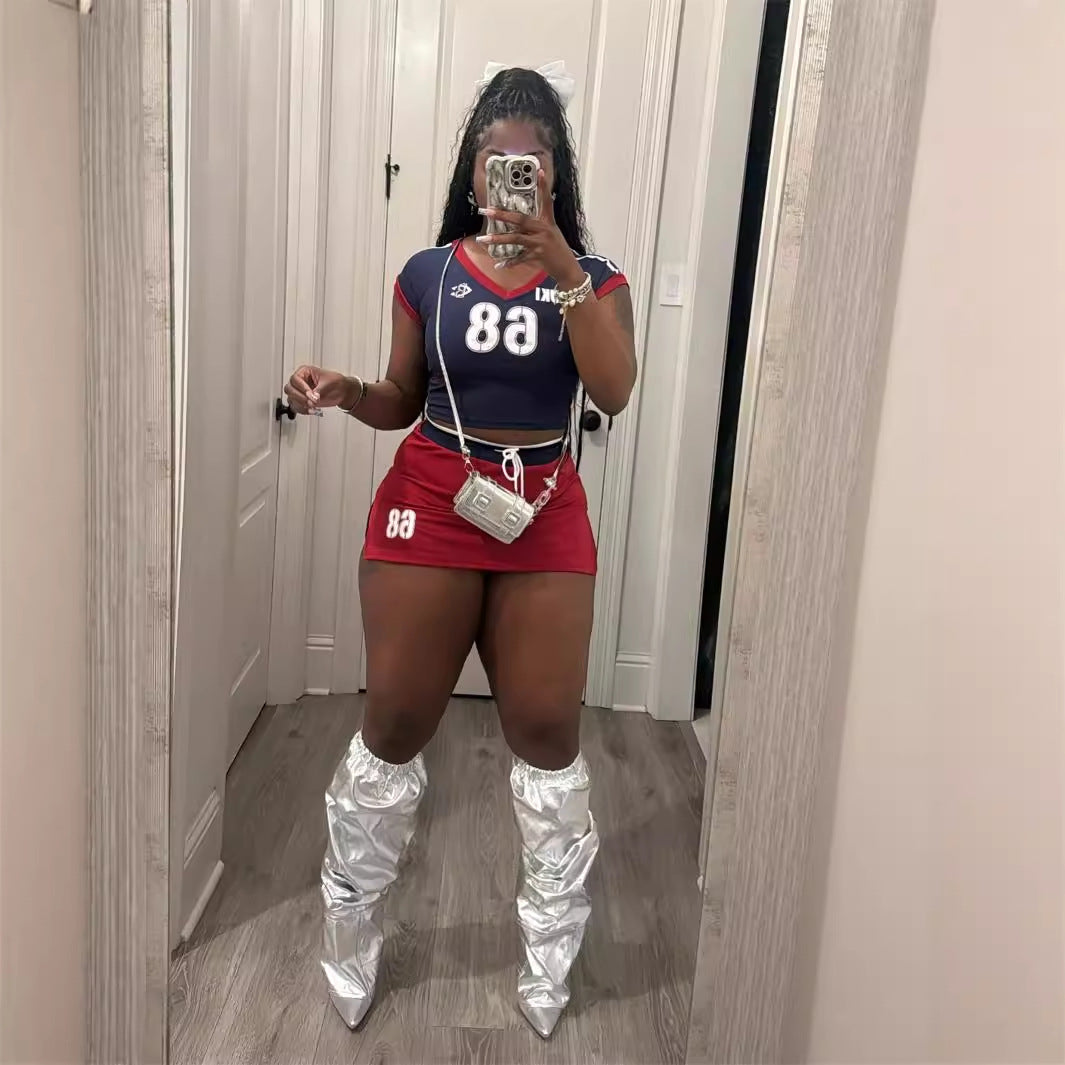Summer Sweetheart Girl Elastic Sports V neck Color-Block Printed Short Top Skirt Outfit