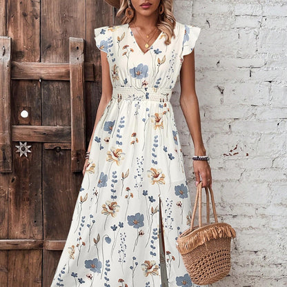 V-Neck High-Waisted Slit Printed Dress By The Ear
