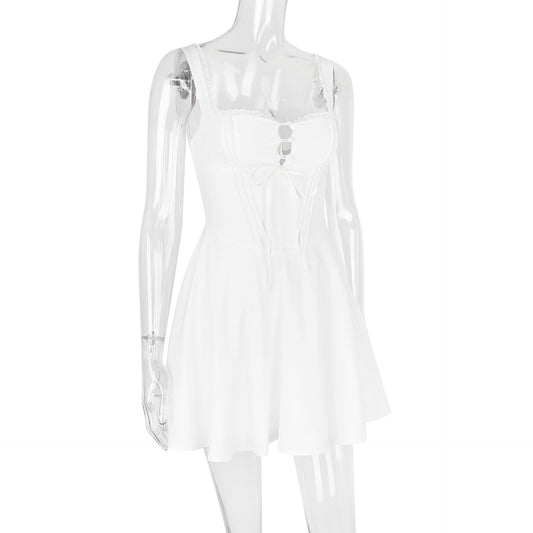 Sling Lace Halter Back Solid Color Dress