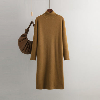 Women Knitted Dress Autumn Winter Mid Length Loose Turtleneck Solid Color Base Sweater Dress