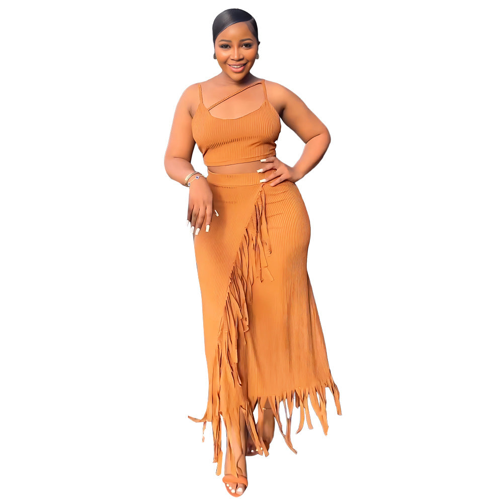 Sleeveless Cropped Short Vest Small Pit High Waist Tassel Dress Two Piece Set
