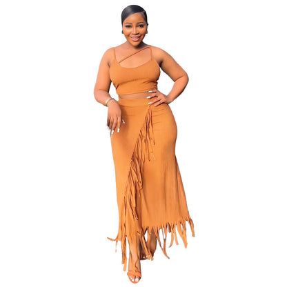 Sleeveless Cropped Short Vest Small Pit High Waist Tassel Dress Two Piece Set