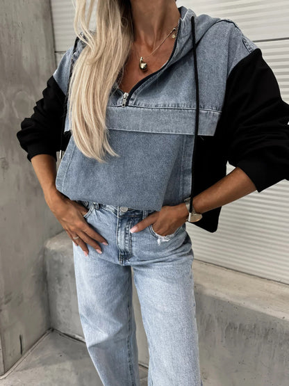 Fall Loose Casual Washing Water Denim Stitching Hooded Women Sweatshirt