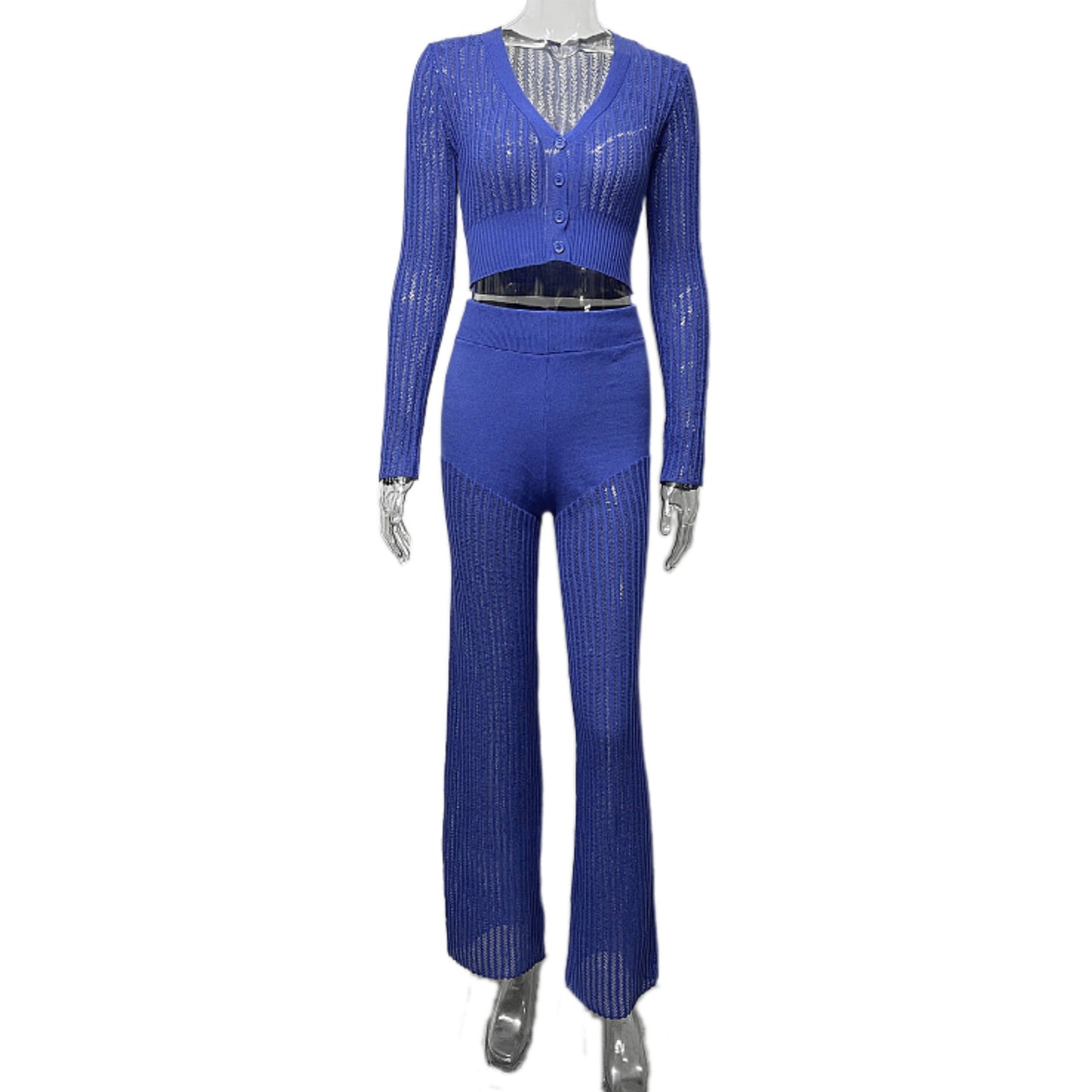 Autumn Winter Knitting Suit Women Clothing See through Casual Solid Color Hollow Out Cutout High Waist Trousers Office Suit