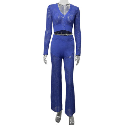 Autumn Winter Knitting Suit Women Clothing See through Casual Solid Color Hollow Out Cutout High Waist Trousers Office Suit