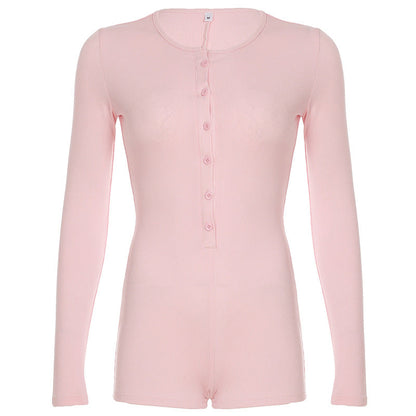 Solid Color Jumpsuit Autumn Slimming Breasted Bottoming Sexy Long Sleeve Romper