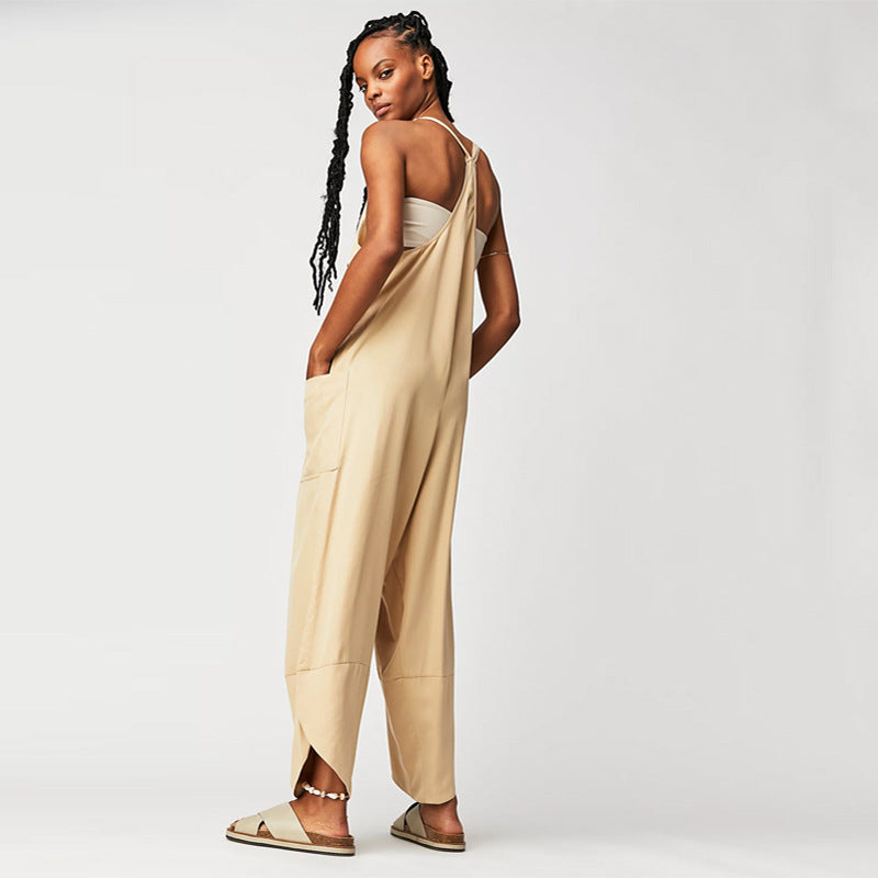 Women Clothing Pocket Jumpsuit Women Casual Solid Color Bib Suspender Jumpsuit