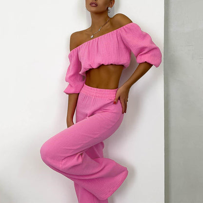 Two Piece Women Summer Pure Cotton Champray Solid Color off Neck Short Sleeved Top High Waist Wide Leg Pants Casual Suit