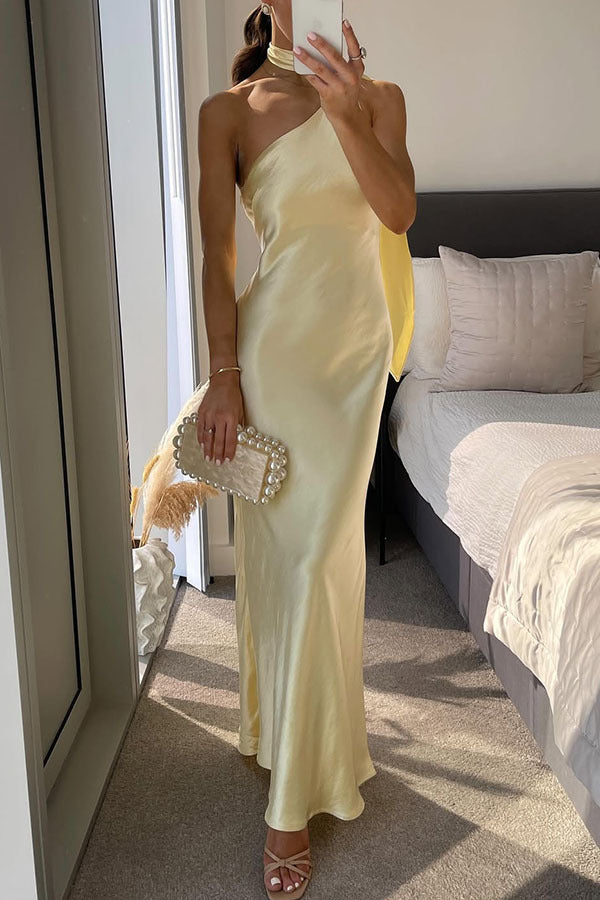 Milk white sexy party dress elegant satin one shoulder scarf long skirt