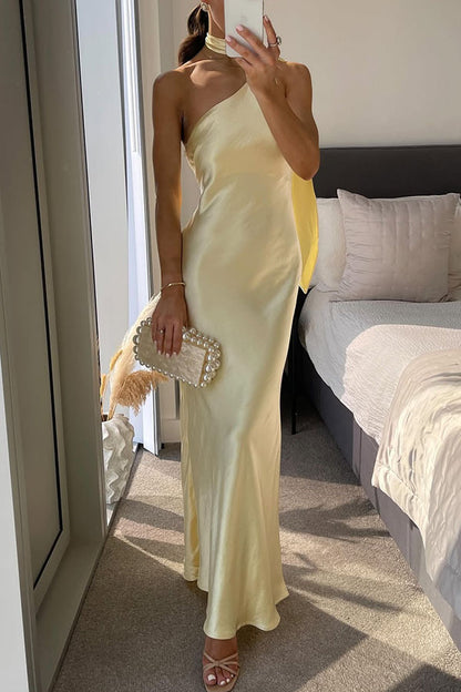 Milk white sexy party dress elegant satin one shoulder scarf long skirt