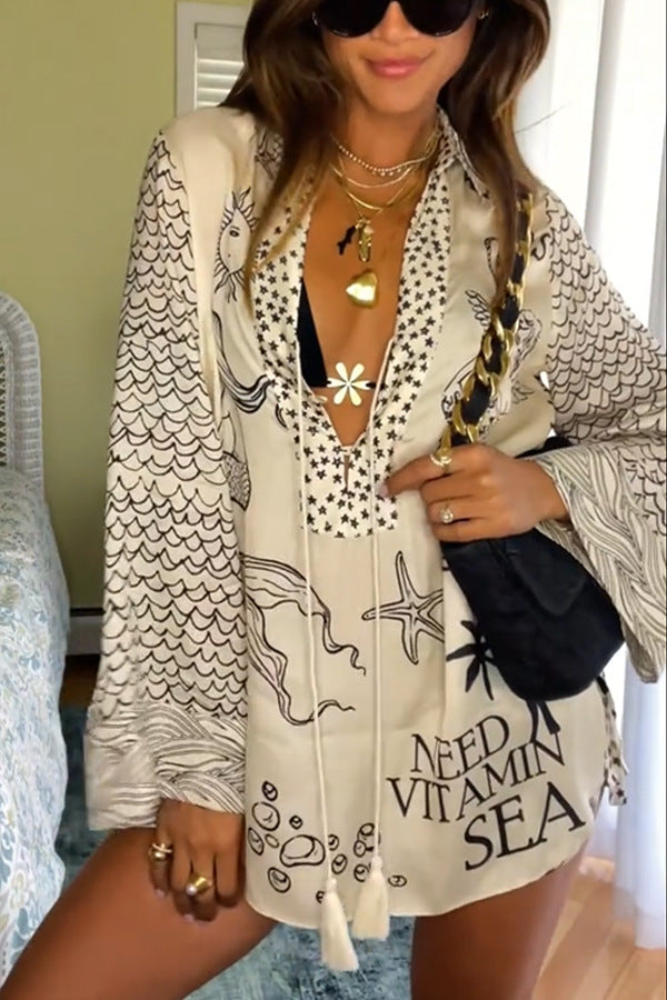 Ladies' Wealthy Satin Unique Printed Tassel Shirt and Elastic Waist Shorts Set